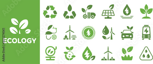 ecology icons, green energy, eco lifestyle, sustainability symbols, recycling, solar power, water conservation, leaf design, plant growth