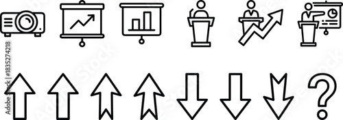 presentation icons, business graphics, podium speaker, bar chart, pie chart, projector screen, upward arrows, downward arrows, question mark,