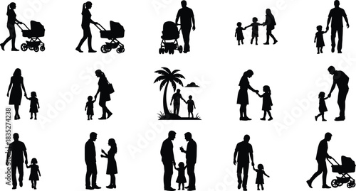 Collection of family silhouettes showing parents with children, walking, talking, bonding, and pushing strollers for lifestyle, parenting, and family design themes