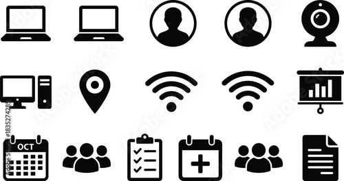 technology icons, communication symbols, laptop computer, user profile, webcam, desktop monitor, Wi-Fi signal, location pin,
