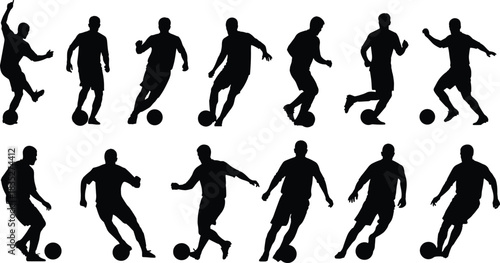 Collection of dynamic soccer player silhouettes performing dribbling, kicking, running and ball control actions for sports design, training graphics, and football artwork