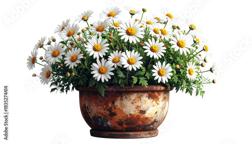 Rustic rusty pot filled with a beautiful bouquet of white daisies on a transparent background