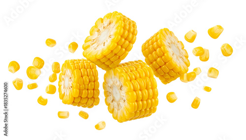Falling Corn Rings Vibrant Pieces of Sweet Corn Isolated on White Background for Freshness