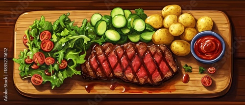 Fototapeta Naklejka Na Ścianę i Meble -  Savory steak, potatoes, and sauce arrangement