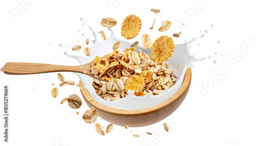 Breakfast cereal bowl with milk splash and wooden spoon isolated on a white background