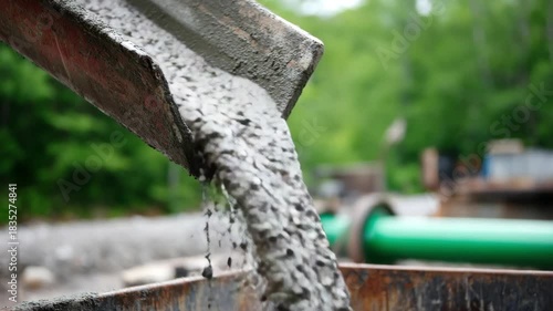Wallpaper Mural Close Up of Fresh Concrete Pouring From a Red Chute with Blurred Green Trees in the Background Torontodigital.ca