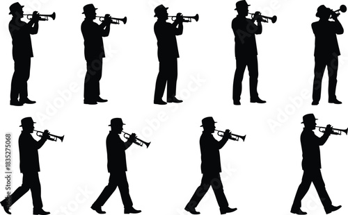 Collection of trumpet player silhouettes in various standing and walking poses, musician performance figures for jazz artwork, design, illustration, and decoration