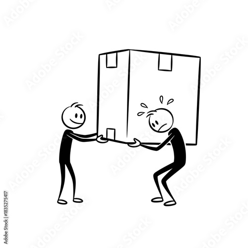 Two stick figures lifting a large box with effort on white background  