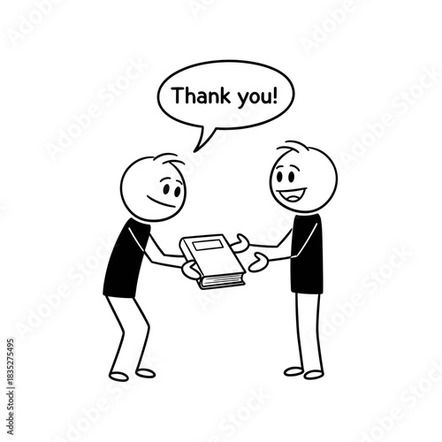 Stick figures exchanging book with gratitude for International Thank You Day  