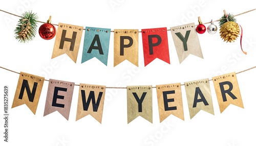 Vintage style Happy New Year flag garland with holiday ornaments isolated on a white background