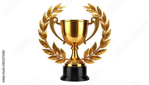 Golden trophy with laurel wreath, symbol of victory, success, achievement, and championship