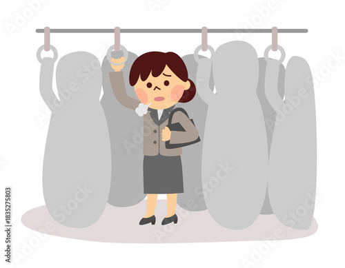 電車でため息をつくスーツの女性