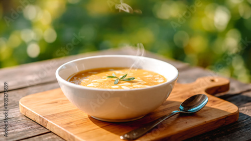 Tasse soupe crémeuse chaude et fumante sur une table 
