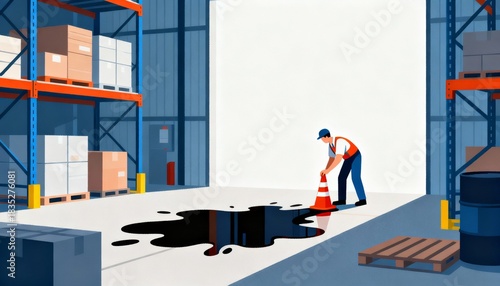 A worker cleans up a spilled liquid in a warehouse, using a traffic cone to mark the area, highlighting workplace safety and maintenance.