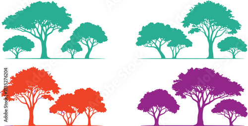 Colorful tree silhouettes in blue green orange and purple for design elements