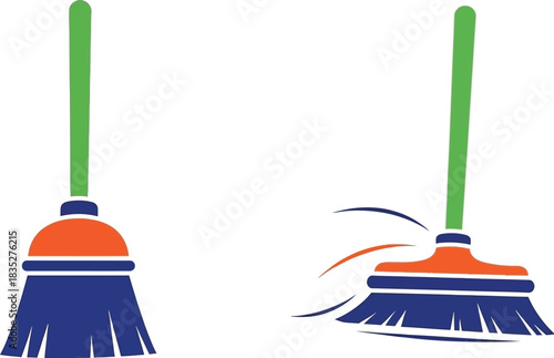 Two cartoon brooms with green handles and blue bristles on white background