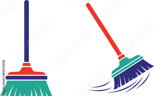 Two colorful brooms one standing one sweeping isolated on white background