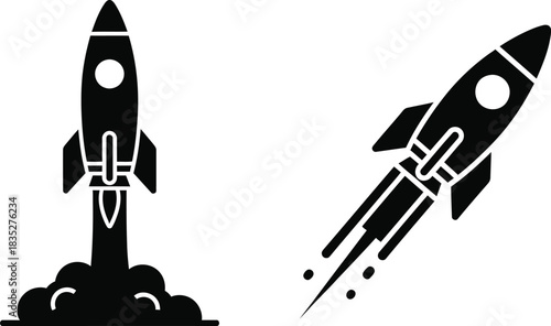 Two rocket ship icons in black silhouette on white background