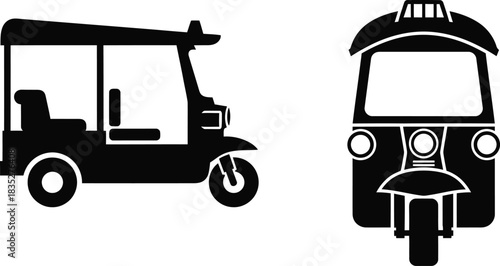 Black silhouette of thai tuk tuk auto rickshaw taxi isolated on white