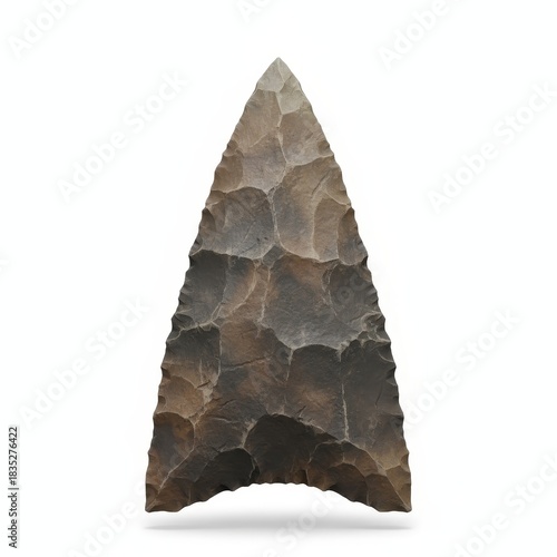 A large, triangular stone arrowhead with a textured surface, showcasing natural colors and patterns, indicative of ancient tool-making techniques.