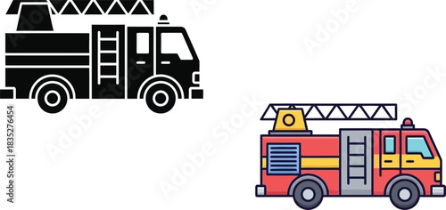 Fire truck icon set silhouette and color illustration for emergency services