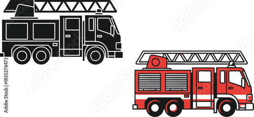Fire truck illustration in color and black silhouette for design elements