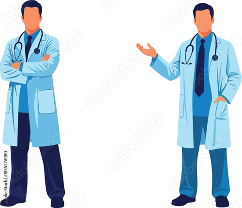 Two male doctors in lab coats standing in different poses on white background