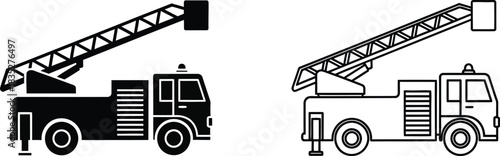 Fire truck illustration in black and white outline style