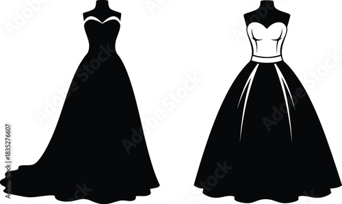 Elegant formal dresses on mannequins in black and white illustration