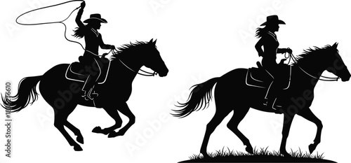 Cowgirl and cowboy silhouettes riding horses in the american west