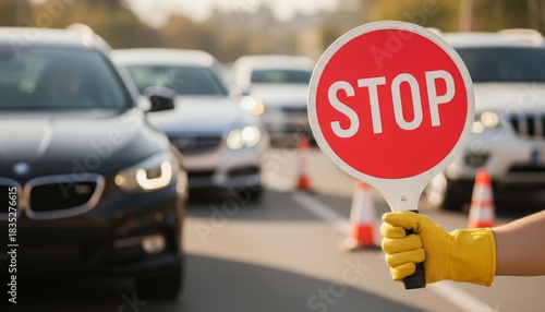 A traffic controller holds a 