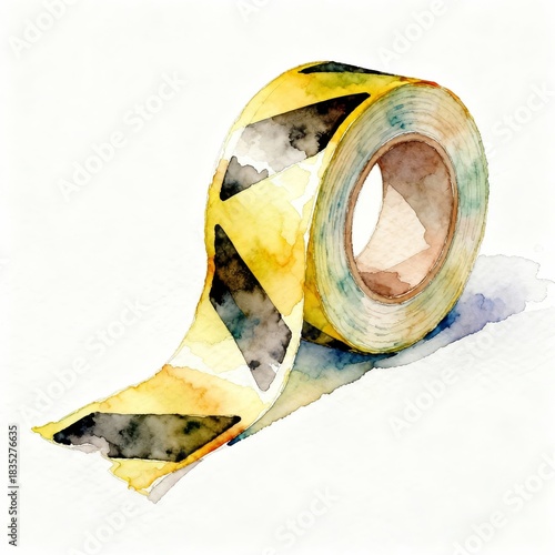 A watercolor illustration of a roll of caution tape with yellow and black diagonal patterns, symbolizing safety and warning.