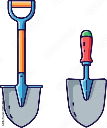 Two garden shovels illustration with different handles and sizes