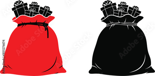 Two santa sacks filled with gifts one red and one black on white