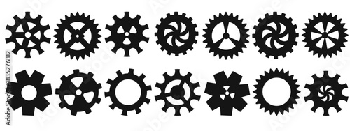 Gears and cogwheels icons collection. Black silhouettes of wheels and cogs for mechanical or technical design. Engineering theme. Vector illustration.