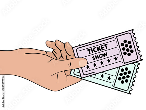 Hand holding two show tickets. Entertainment access for movie, play, or event. Leisure activity concept illustration.