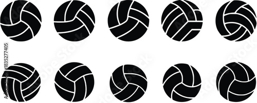 Collection of black and white volleyball silhouettes in various angles vector