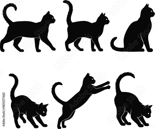 Vector Set of Cat Silhouettes in Various Poses Including Walking, Sitting, Jumping, and Prowling, Ideal for Pet Shop Logos and Animal Graphics