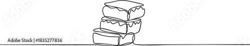 Single continuous line drawing of stacked brownie pieces in a clean minimal composition, modern simple outline vector illustration