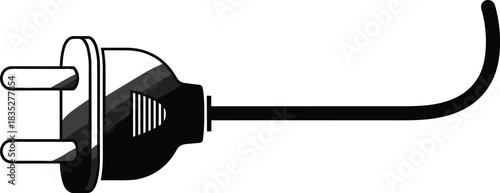 Black and White Electrical Power Plug Connected to Cable Wire for Home Energy Supply and Household Appliance Charging Connection, White Background