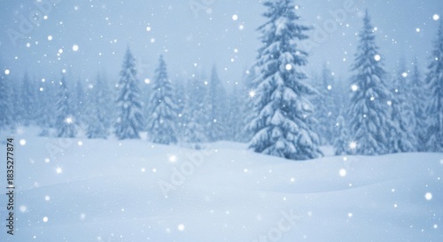 Beautiful winter forest landscape with snow-covered fir trees and falling snowflakes