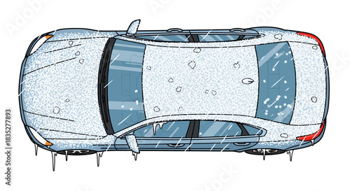 Icy Car Top View: A Cartoonish Depiction of a Snow-Covered Sedan in Winter Weather