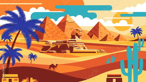 Vibrant flat vector illustration of the Great Sphinx and Pyramids of Giza in the Egyptian desert landscape at sunset