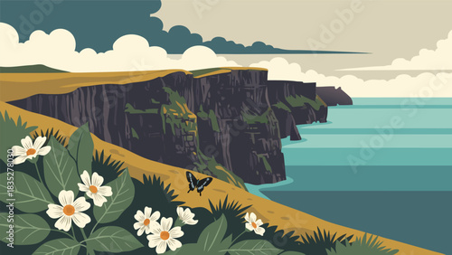 Coastal cliff landscape with ocean, flowers, and butterfly in a vibrant illustration