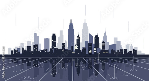 Cityscape silhouette in vector illustration, reflected on wet surface under rain, creates a calm