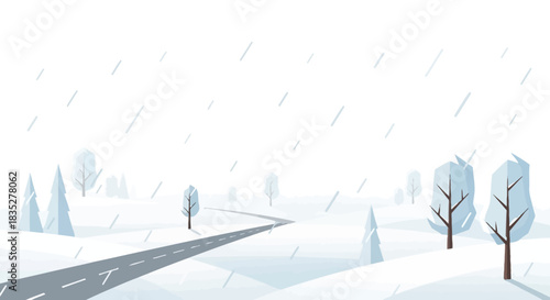 Minimalist winter road landscape with falling snow and triangular shaped trees, conveying a calm