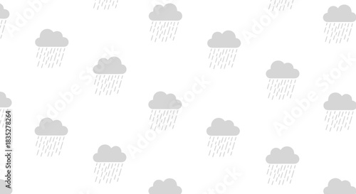 Seamless pattern featuring rain clouds in light grey against a clean white backdrop depicting