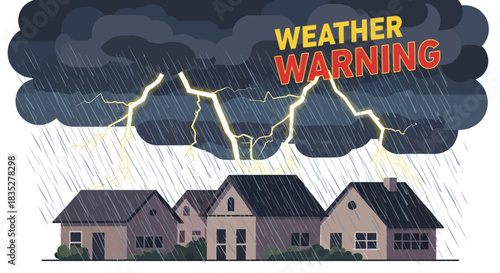 Illustrated weather warning scene depicting a thunderstorm over residential homes