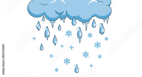 Stylized illustration depicting a precipitation event with raindrops and snowflakes falling from a
