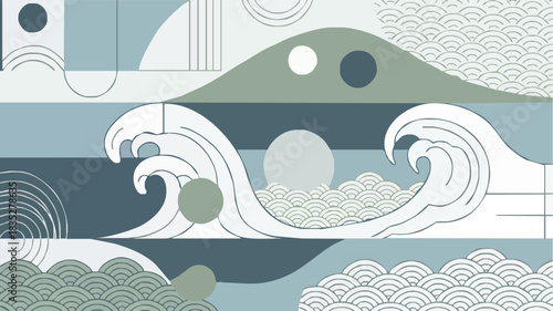 Serene seascape art with geometric waves and circles, evoking calm and tranquility, ideal for modern minimalist designs and peaceful backgrounds